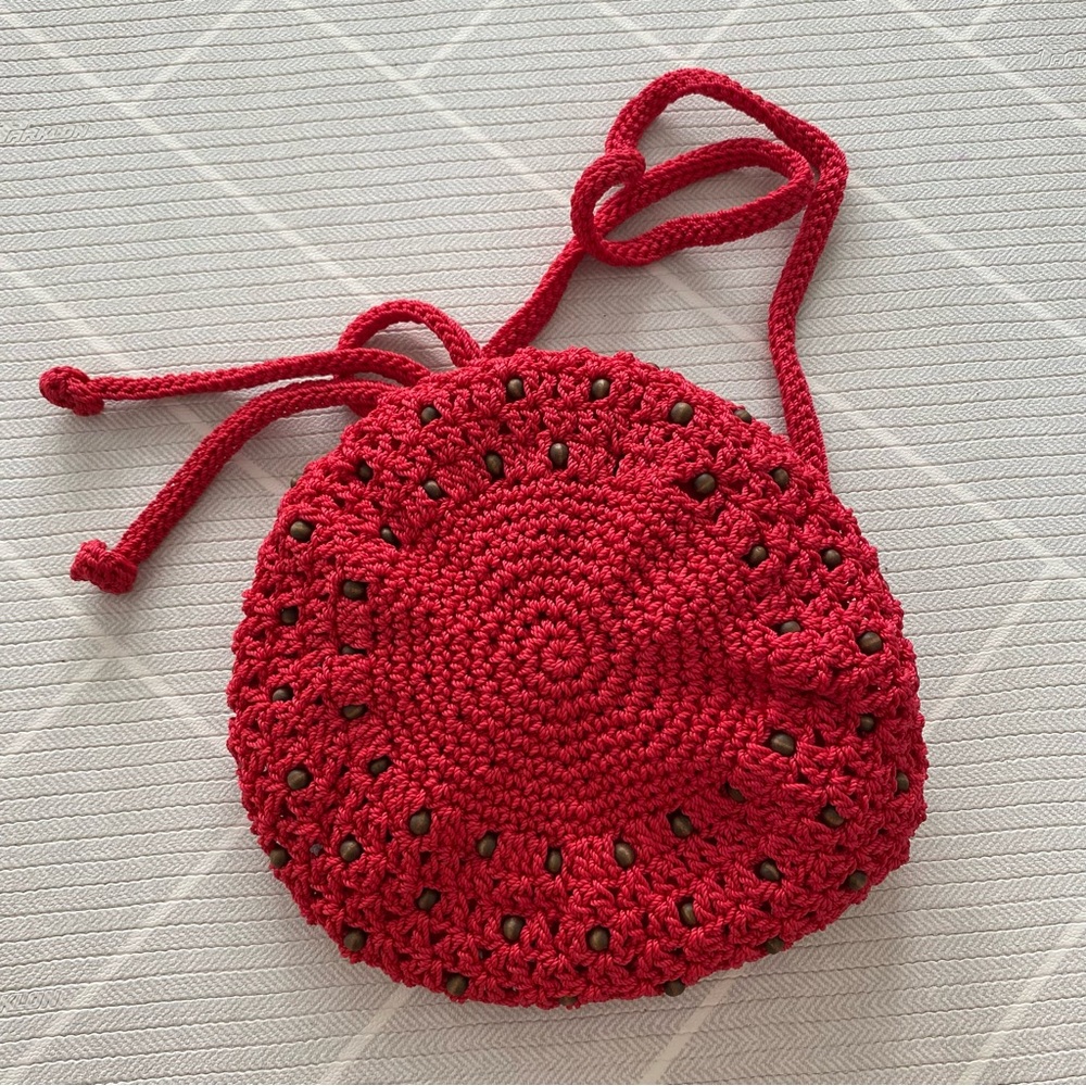 The Sak Red Boho Small Lined Crochet Drawstring Bucket Bag Crossbody - Picture 7 of 11